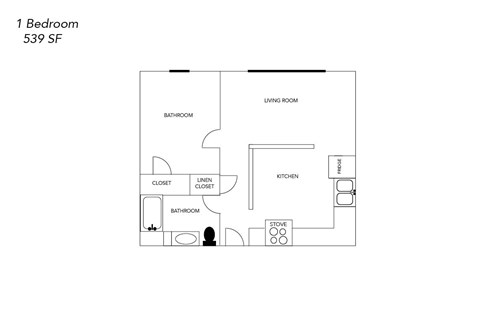 A floor plan of a 1 Bedroom apartment with 539 SF.